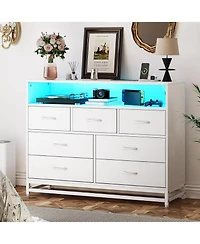 gaomon Drawer Bedroom Dresser with Led Lights & Charging Station, Long Wood Chest with Large Capacity for Living Room Hallway