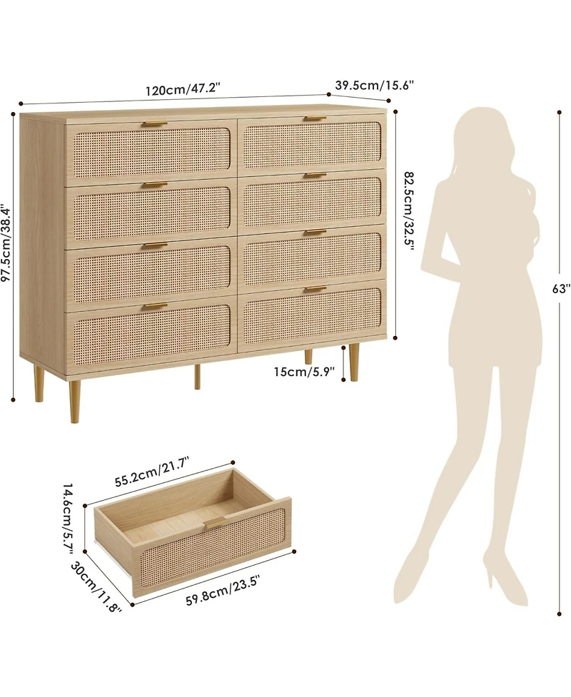 gaomon Rattan 8-Drawer Dresser – Tall Modern Chest with Deep Storage & Wide Top for Bedroom, Living Room, Hallway, Kids Room