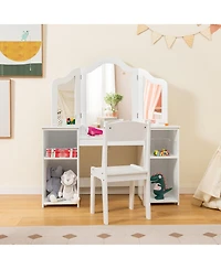 Gymax Kids Vanity 2 1 Princess Makeup Desk and Chair Set Safe Tri-fold Mirror