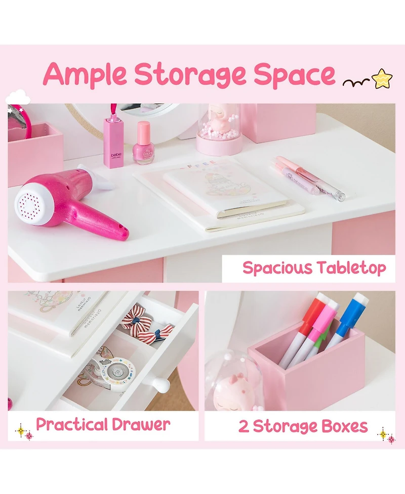 Gymax Pretend Kids Vanity Set Makeup Dressing Table 2-in-1 Mirror & Whiteboard