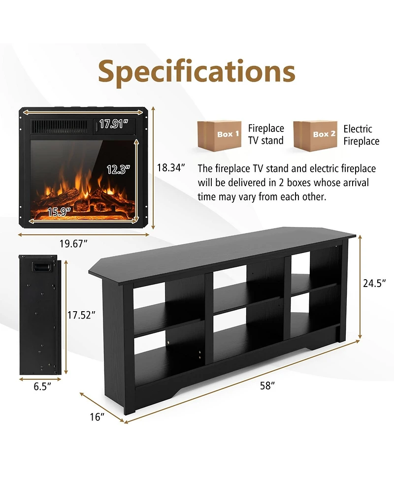 Gymax 58'' Fireplace Tv Stand w/ 18'' 1500W Electric Fireplace Adjustable Brightness