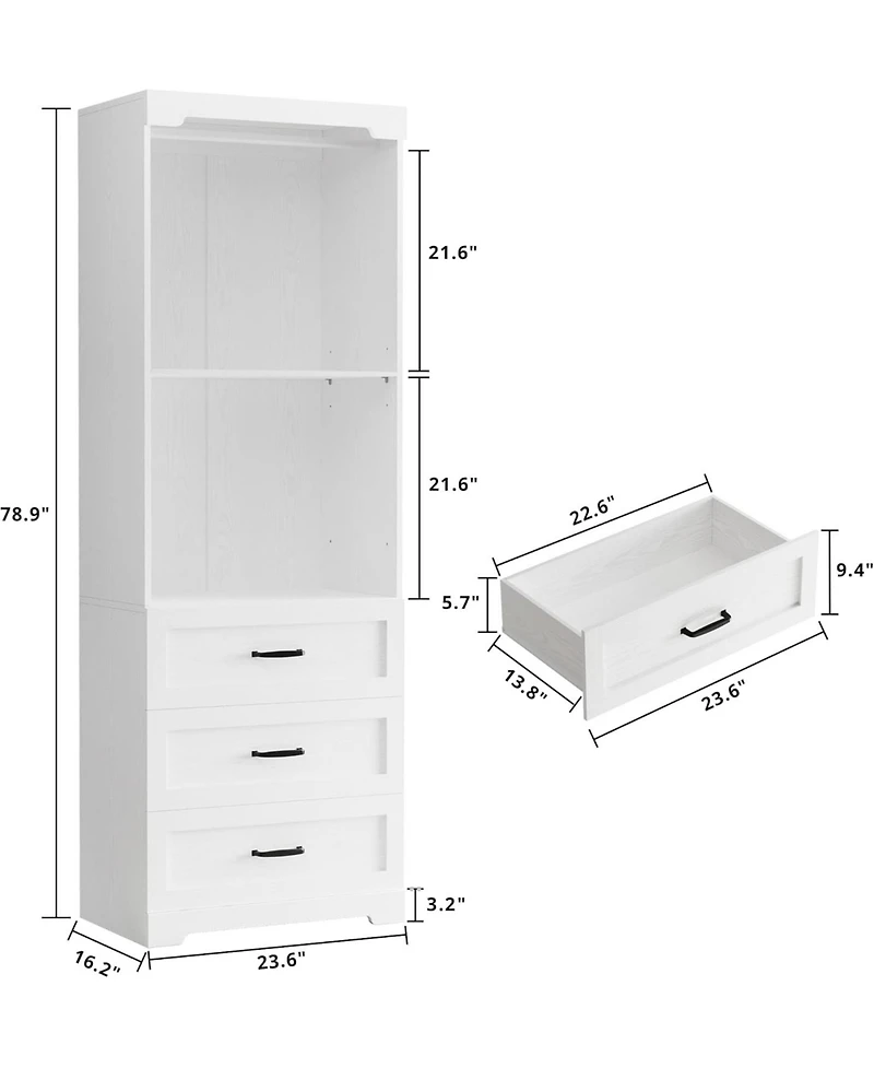 Ironck Freestanding Closet System with 3 Wood Drawers, Adjustable Shelves and Hanging Rod, White