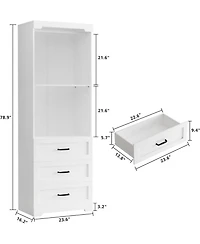Ironck Freestanding Closet System with 3 Wood Drawers, Adjustable Shelves and Hanging Rod, White