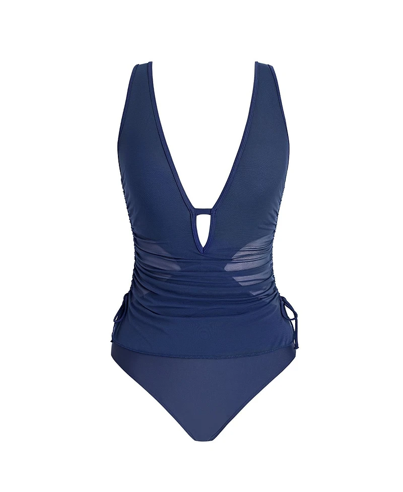 Cupshe Women's V Neck Mesh One Piece Swimsuit with Drawstring Detail