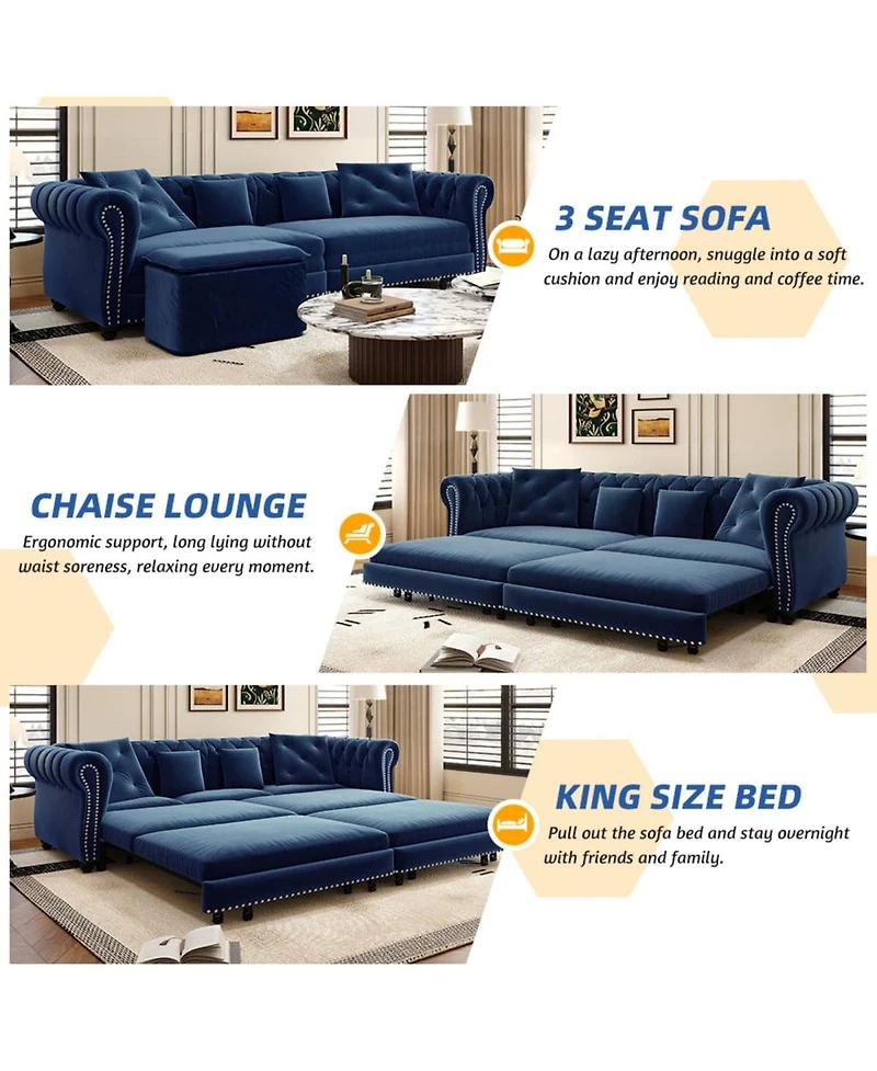 Maison Boucle 89" Sleeper Sofa Bed, King Velvet Pull-Out Couch with Chaise Lounge & Ottoman, 3-in-1 Tufted for Living Room
