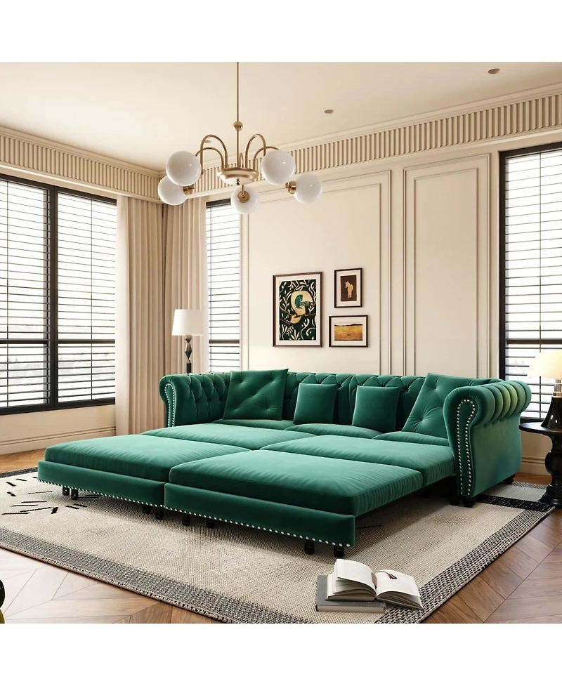 Maison Boucle 89" Sleeper Sofa Bed, King Size Velvet Pull-Out Couch with Chaise Lounge & Ottoman, 3-in-1 Tufted Sofa for Living Room