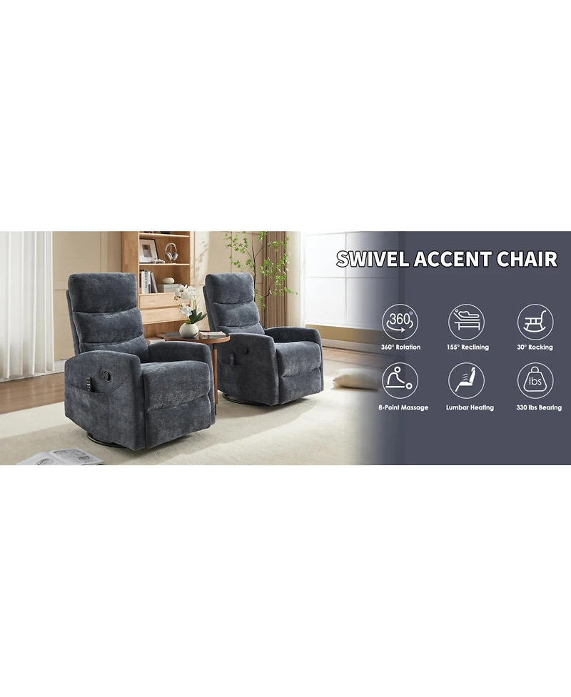 Streamdale Heat Massage Rocker Recliner Chair, Swivel Fabric, Blue