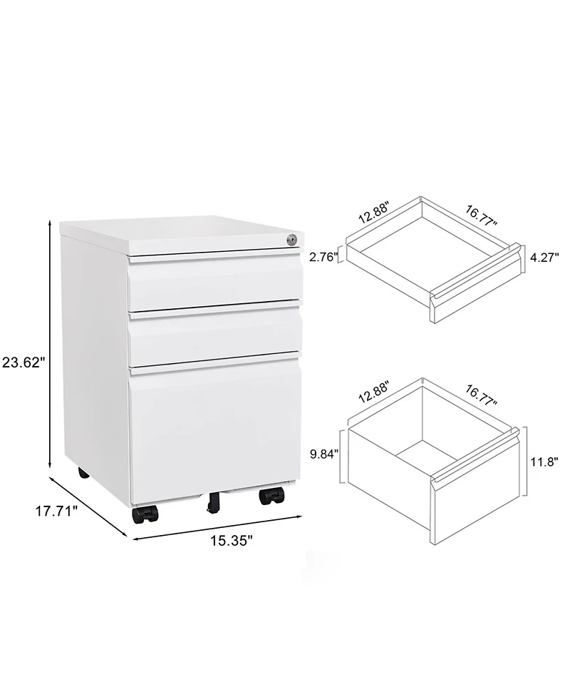 Streamdale Furniture 3-Drawer Mobile Locking Filing Cabinet (White)
