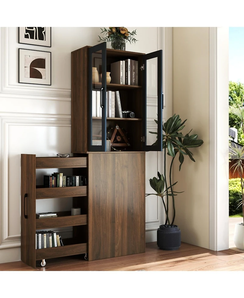 Streamdale Furniture 70.87" Display Cabinet, 4-Tier Pull-Out Shelf, 2 Glass Doors, Modern Bookshelf