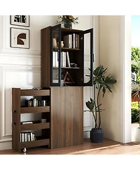 Streamdale Furniture 70.87" Display Cabinet, 4-Tier Pull-Out Shelf, 2 Glass Doors, Modern Bookshelf