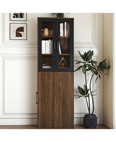 Streamdale Furniture 70.87" Display Cabinet, 4-Tier Pull-Out Shelf, 2 Glass Doors, Modern Bookshelf