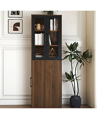 Streamdale Furniture 70.87" Display Cabinet, 4-Tier Pull-Out Shelf, 2 Glass Doors, Modern Bookshelf