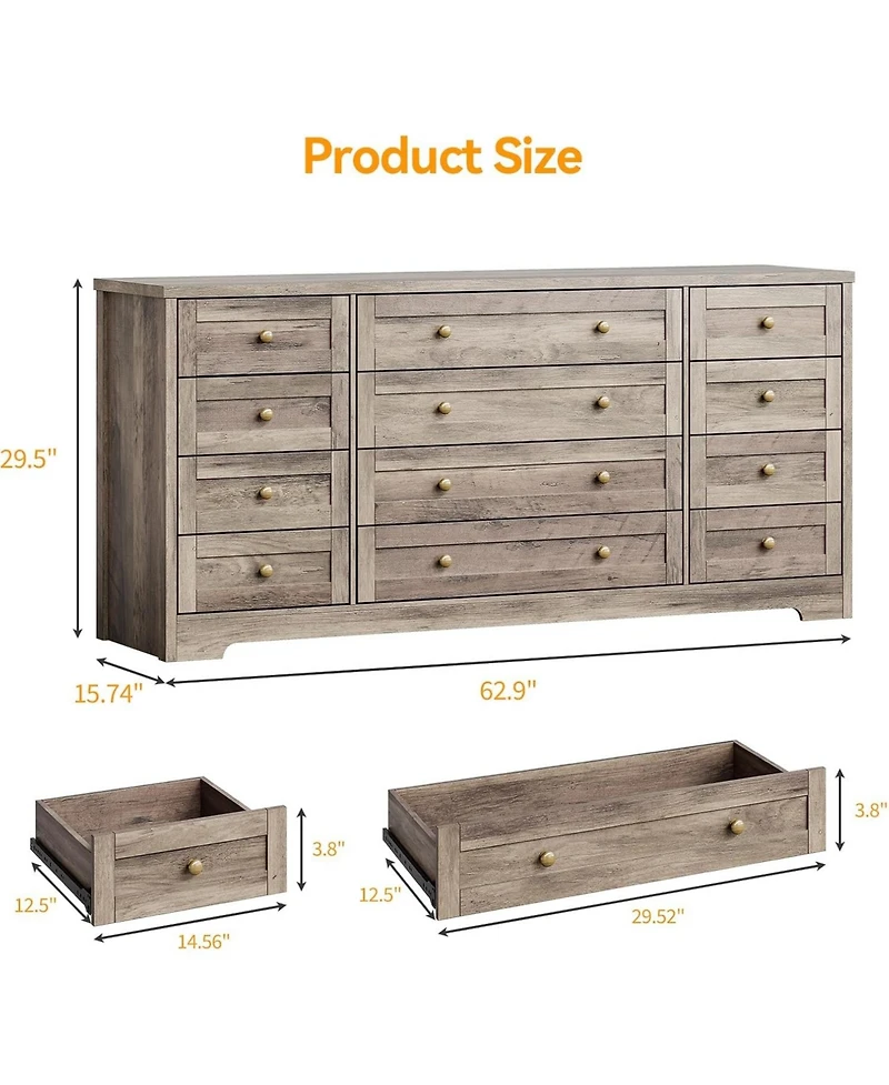 Gaomon 63" Solid Wood 12-Drawer Bedroom Dresser