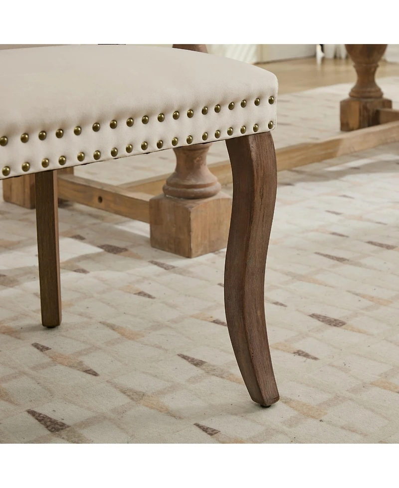 Streamdale Velvet Tufted Dining Chairs, Wood Handles & Legs, Copper Nails, Beige, Set of 2