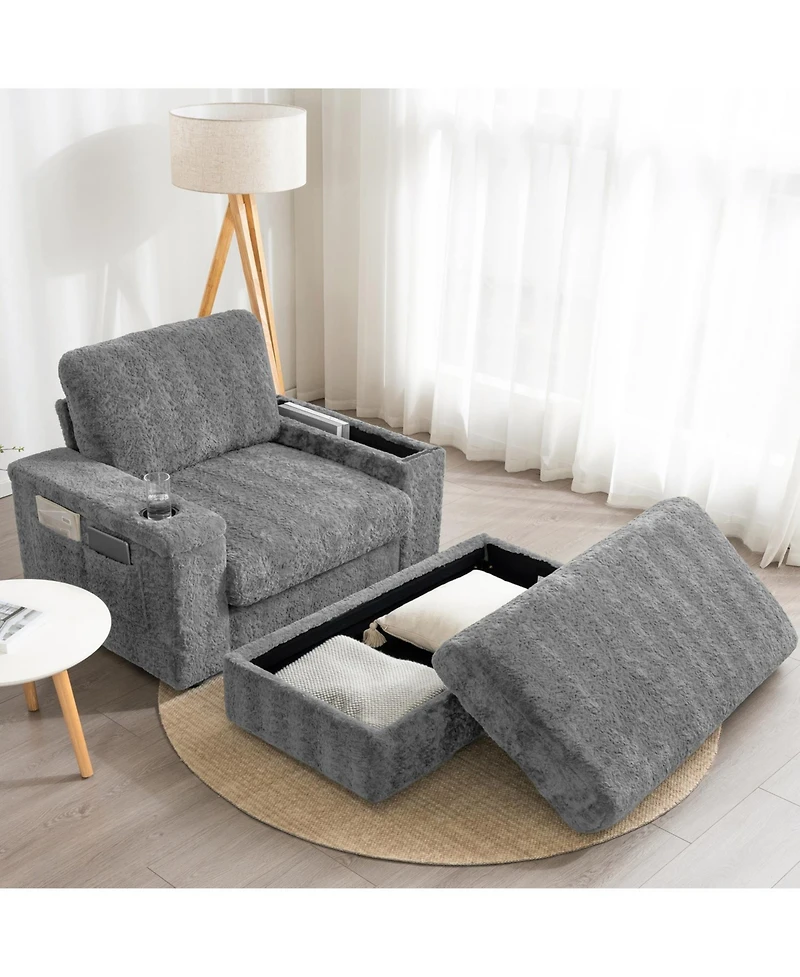 Streamdale Furniture 42" Oversized Faux Fur Chaise Lounge with Storage and Cup Holders