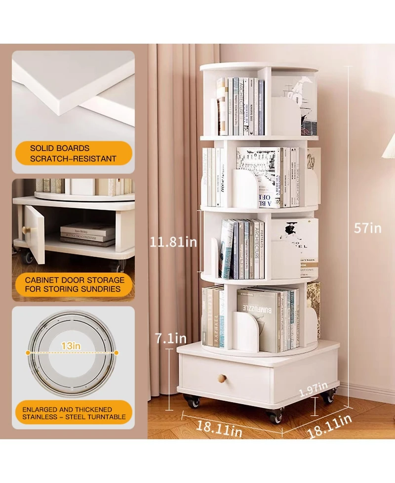Streamdale Furniture Rotating 5-Tier Corner Bookshelf with Drawer (White)