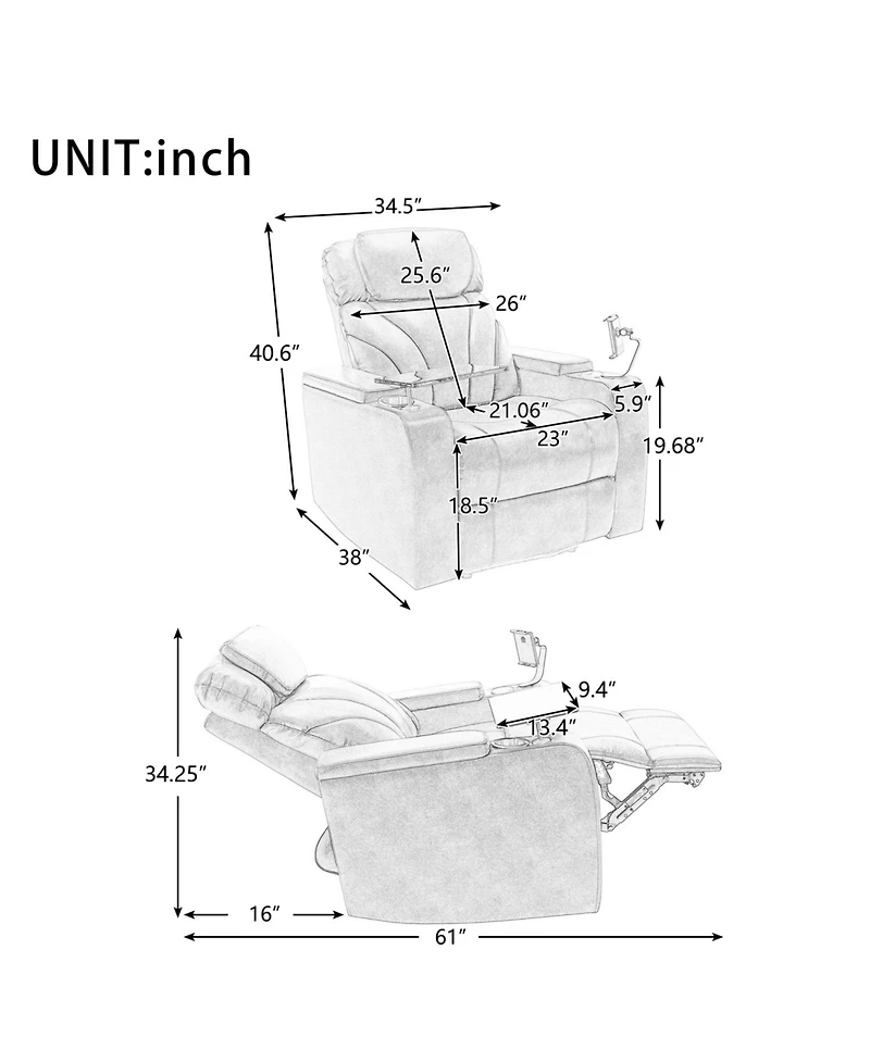 Streamdale Furniture Power Recliner with Usb Charger, Storage, Cup Holder, Bluetooth