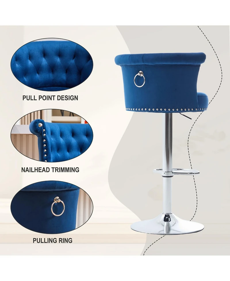 Streamdale Furniture Velvet Bar Stool Set of 2, Adjustable Swivel, Silver Legs