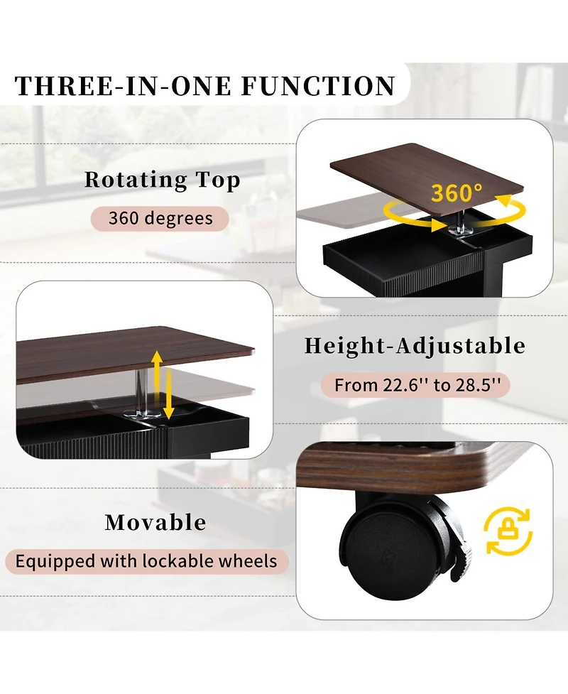Streamdale Furniture Adjustable Lift-Top End Table with Wheels & Storage