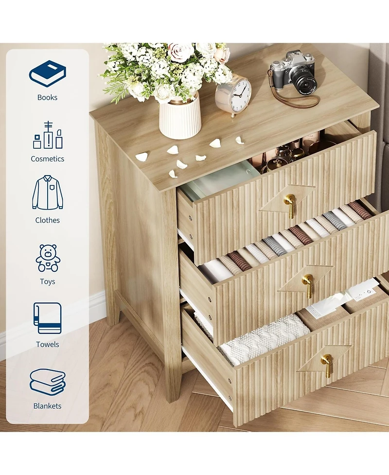 Gaomon Fluted Dresser 27.5"W, 3-Drawer Wood Chest, Modern Bedroom Storage Cabinet