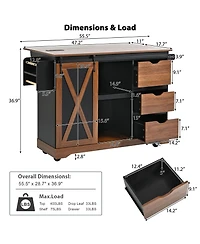 Streamdale Furniture Farmhouse Kitchen Island with Drop Leaf, Barn Door, Power, Rolling Cart
