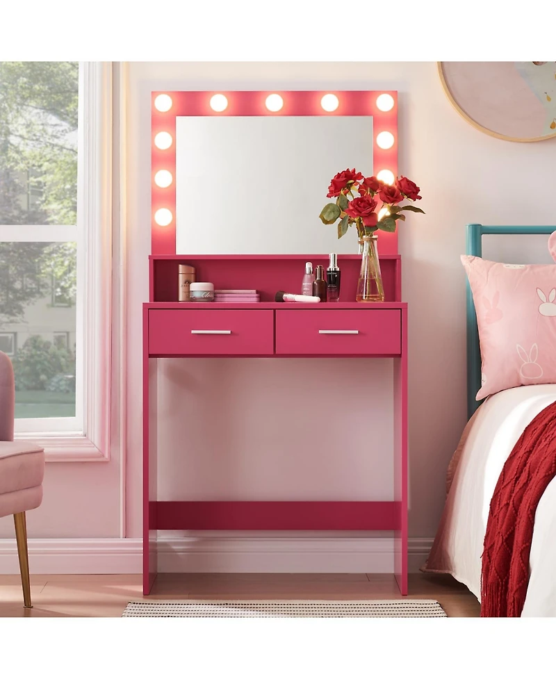 Streamdale Furniture Rose Pink Vanity Desk with Lighted Mirror & Drawers