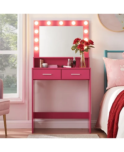 Streamdale Furniture Rose Pink Vanity Desk with Lighted Mirror & Drawers