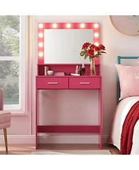 Streamdale Furniture Rose Pink Vanity Desk with Lighted Mirror & Drawers