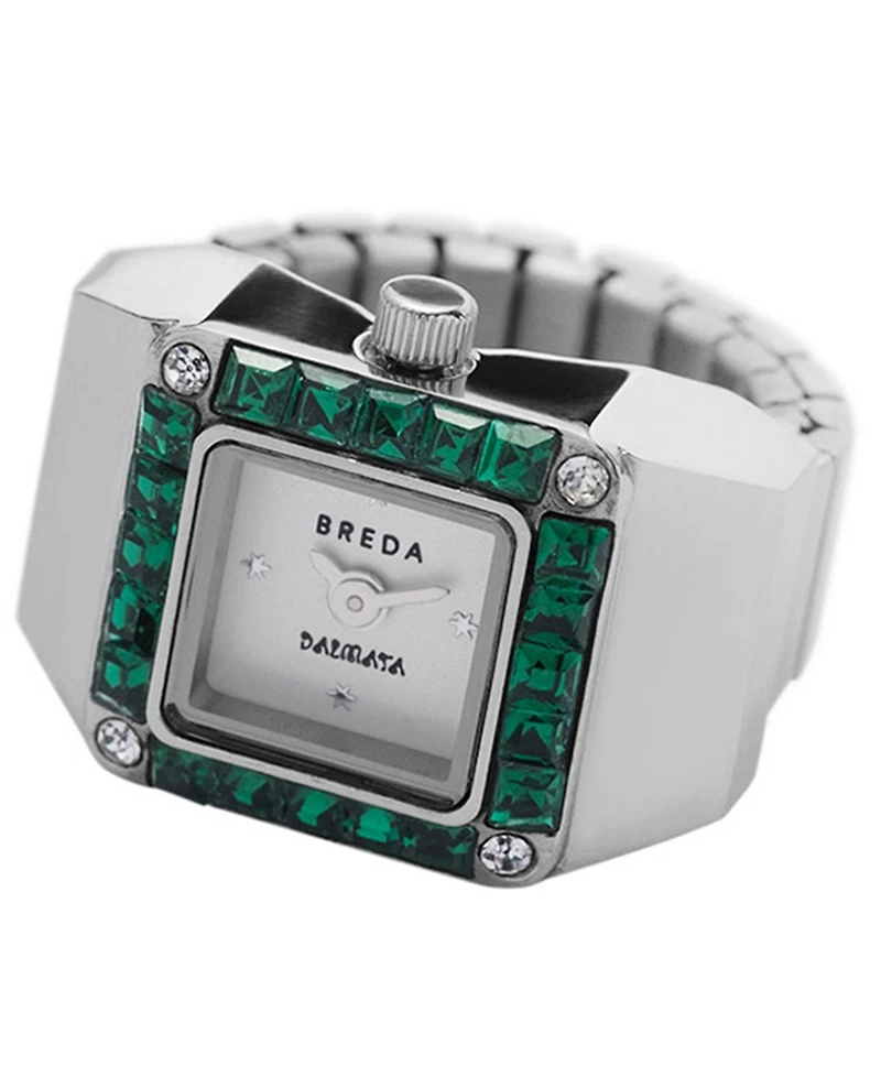 Breda Women's x Dalmata Time Ring Emerald Crystals and Stainless Steel Expandable Ring Watch, 15mm