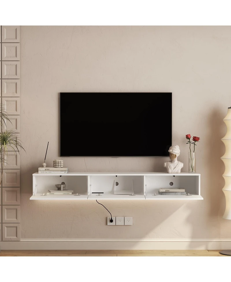 Streamdale Furniture Floating Tv Stand w/ Led, 67" Modern Entertainment Center, White