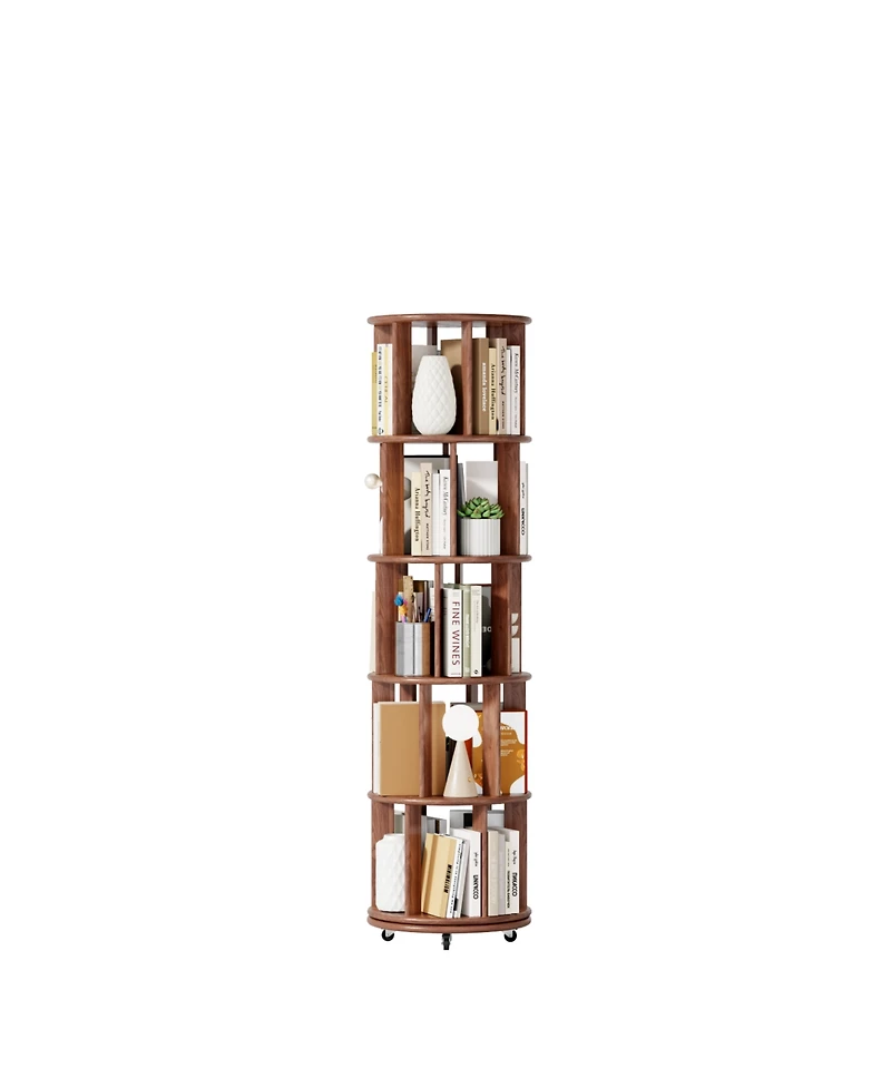 Streamdale Furniture Rotating Wood Bookshelf on Wheels - 5 Tier - Walnut