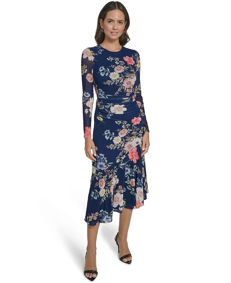 Vince Camuto Women's Printed Mesh Long-Sleeve Asymmetrical Hem Bodycon Dress