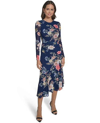 Vince Camuto Women's Printed Mesh Long-Sleeve Asymmetrical Hem Bodycon Dress