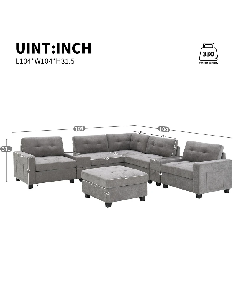 Streamdale Furniture 104" Tufted Sectional Sofa with Acrylic Table, Consoles, Usb Charger, Storage, Ottoman
