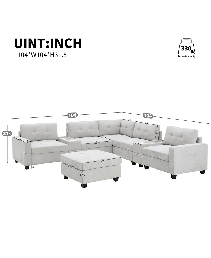 Streamdale Furniture 104" Tufted Sectional Sofa with Acrylic Table, Consoles, Usb Charger, Storage, Ottoman