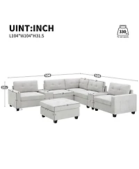 Streamdale Furniture 104" Tufted Sectional Sofa with Acrylic Table, Consoles, Usb Charger, Storage, Ottoman