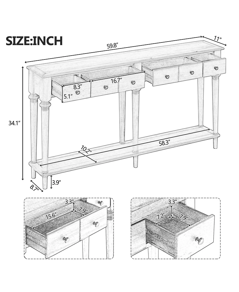 Streamdale Furniture Entryway Table - Retro Console Table with 4 Drawers & Shelf (Grey Wash)