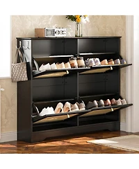 Streamdale Mid-Century Narrow Shoe Cabinet - 4 Flip Drawers, Rattan Doors, Hooks, Black