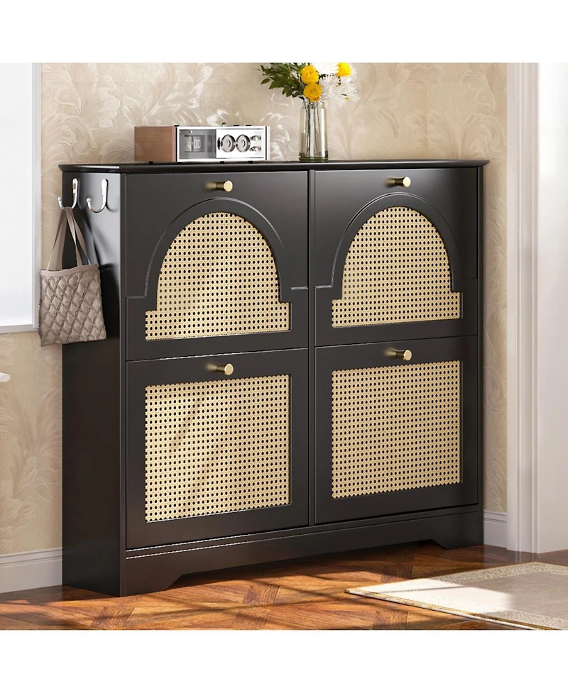 Streamdale Mid-Century Narrow Shoe Cabinet - 4 Flip Drawers, Rattan Doors, Hooks, Black