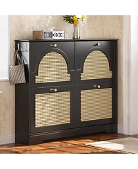 Streamdale Mid-Century Narrow Shoe Cabinet - 4 Flip Drawers, Rattan Doors, Hooks, Black