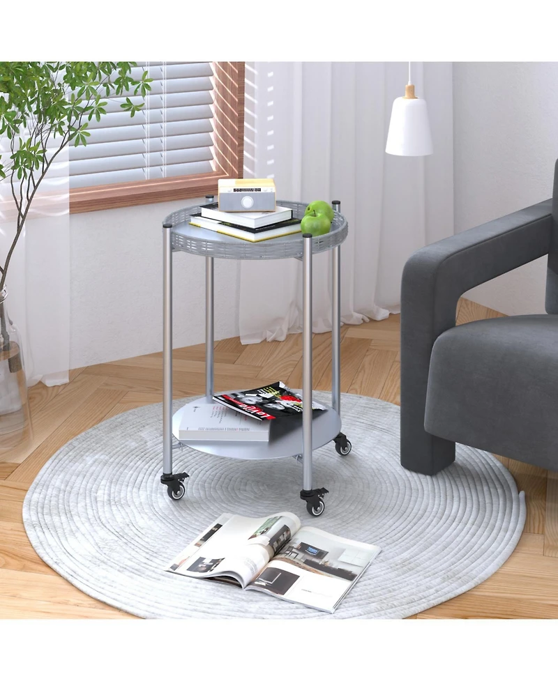 Streamdale Furniture Rolling Coffee Table - 2-Tier Silver Metal Side Table
