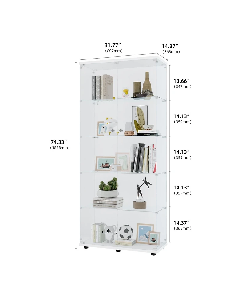 Streamdale Furniture Two Door Glass Cabinet Glass Display Cabinet with 5 Shelves White