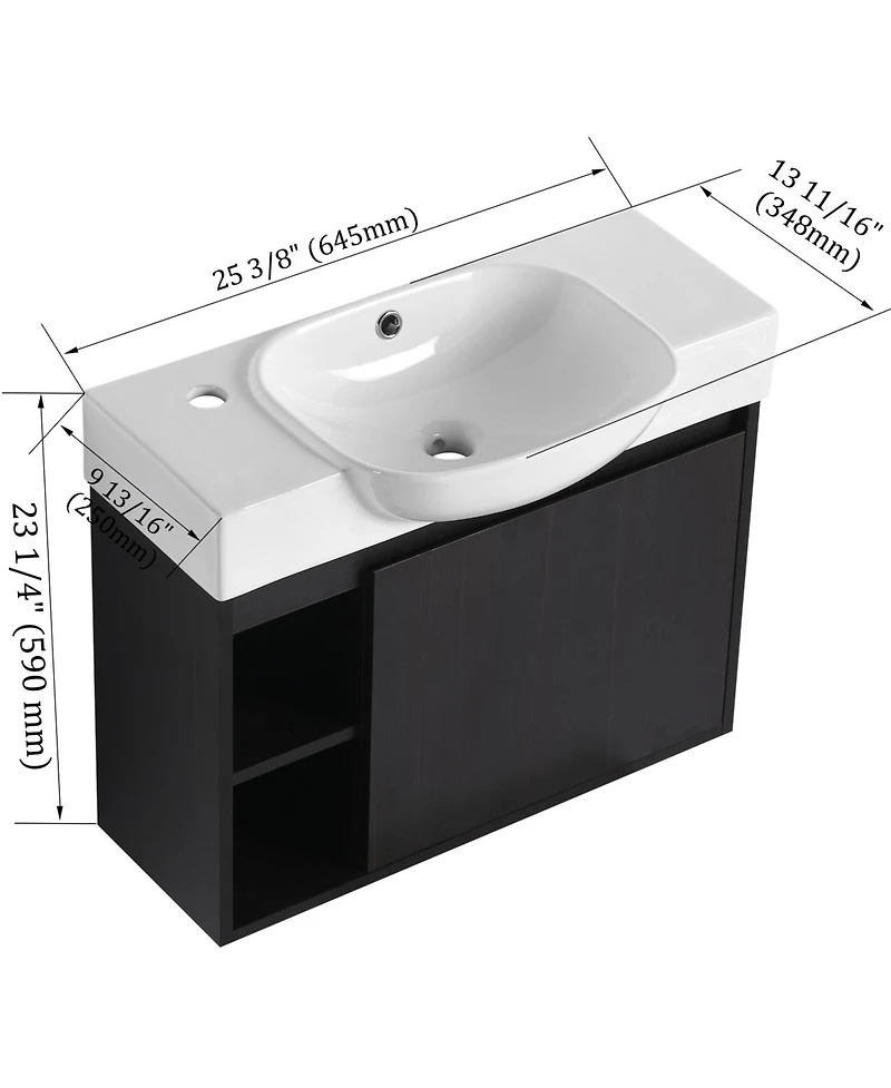 Streamdale Furniture 26" Wall-Mount Vanity, Ceramic Sink, Soft-Close, Dark Oak