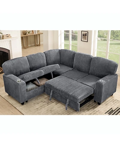 Streamdale Furniture L-Shaped Sectional Sofa Bed- Pull-Out, Storage, Usb, Corduroy