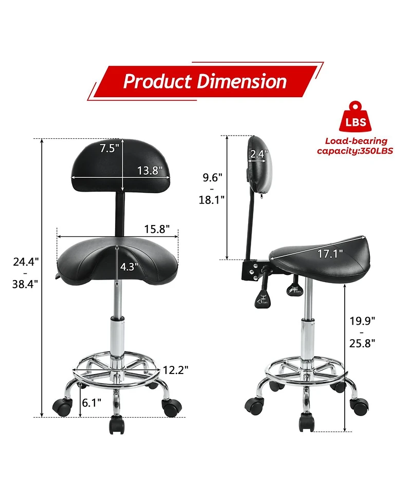 Streamdale Furniture Ergonomic Saddle Stool with Back & Foot Rest, Rolling Adjustable Swivel Chair