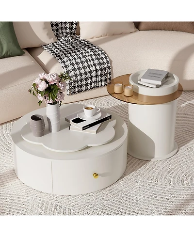 Streamdale Furniture Modern Round Coffee Table Set, Rotatable Top & Drawers