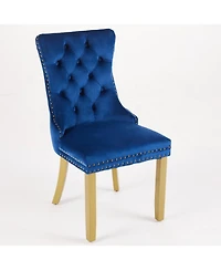 Streamdale Furniture Mid-Century Tufted Velvet Dining Chairs, Lion Head Ring, Gold Legs, Blue, 2-Pcs