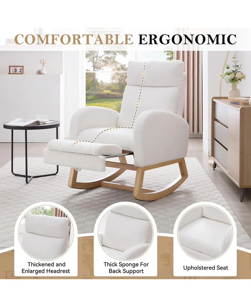 Streamdale Furniture Teddy Fabric Leisure Rocking Chair with Adjustable Footstool White