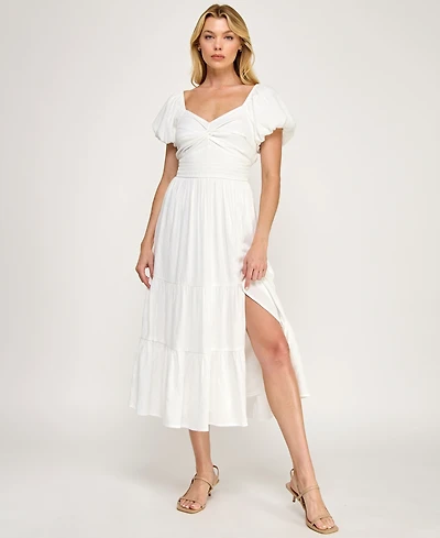 Trixxi Juniors' Sweetheart Neck Puff-Sleeve Ruched Waist Midi Dress