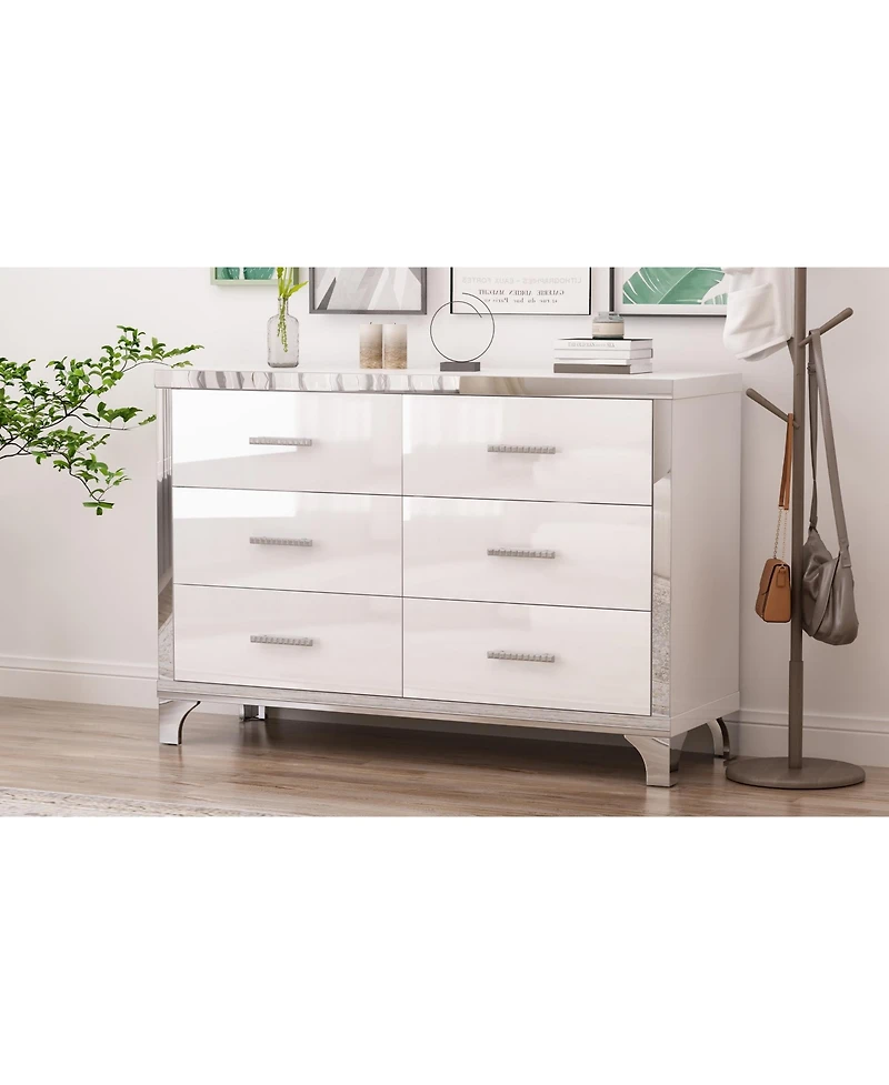 Streamdale Furniture Elegant High Gloss Dresser with Metal Handle, Mirrored Storage Cabinet 6 Drawers